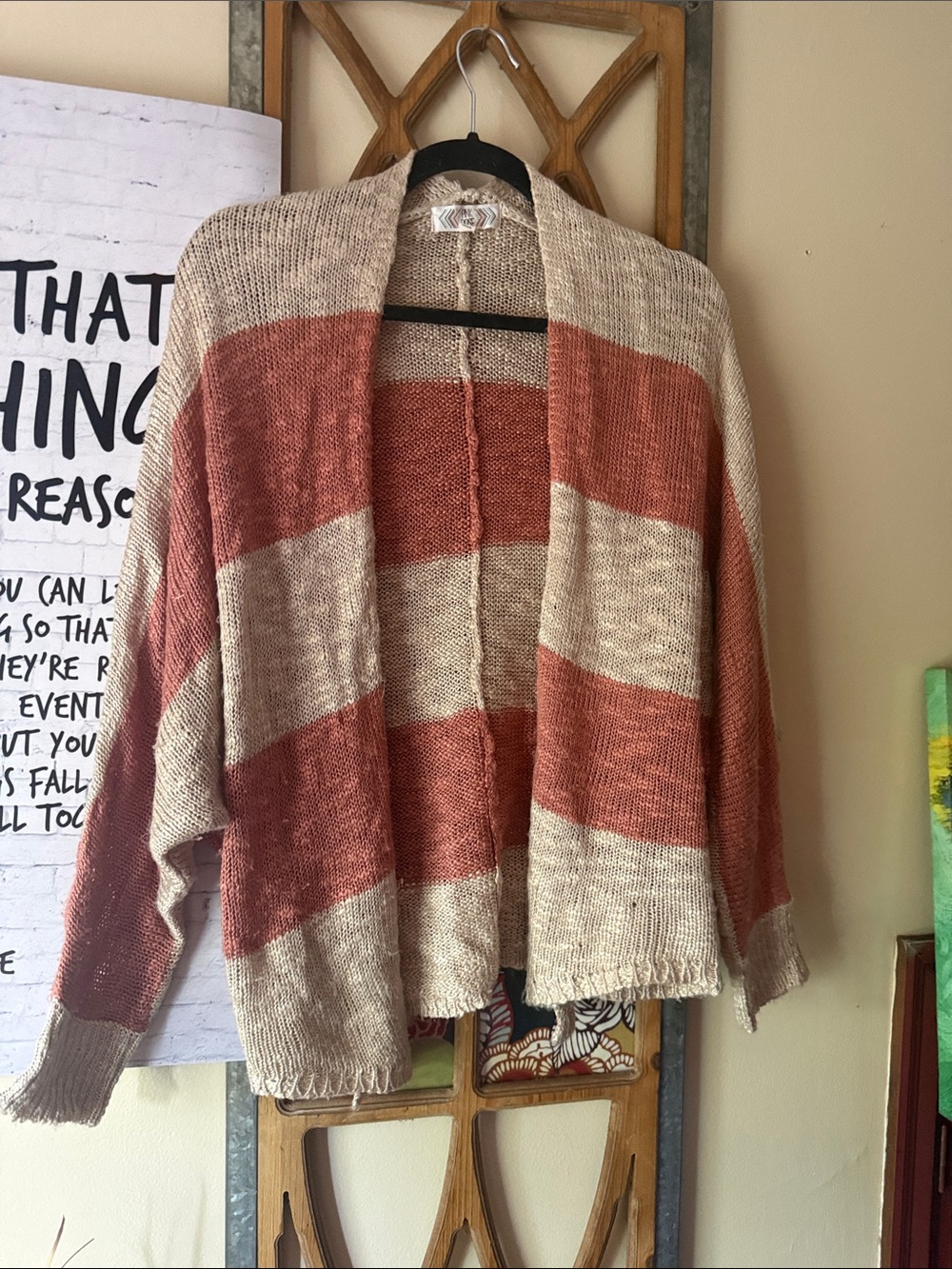 Pink Rose Open Knit Sweater in Beige and Rust Accent